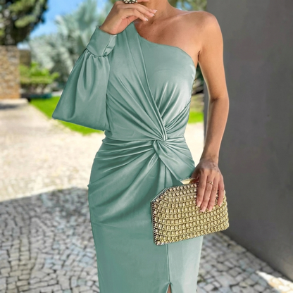 Ladies' Dress with Diagonal Shoulder Button, Split and Solid Color, Slim Fit