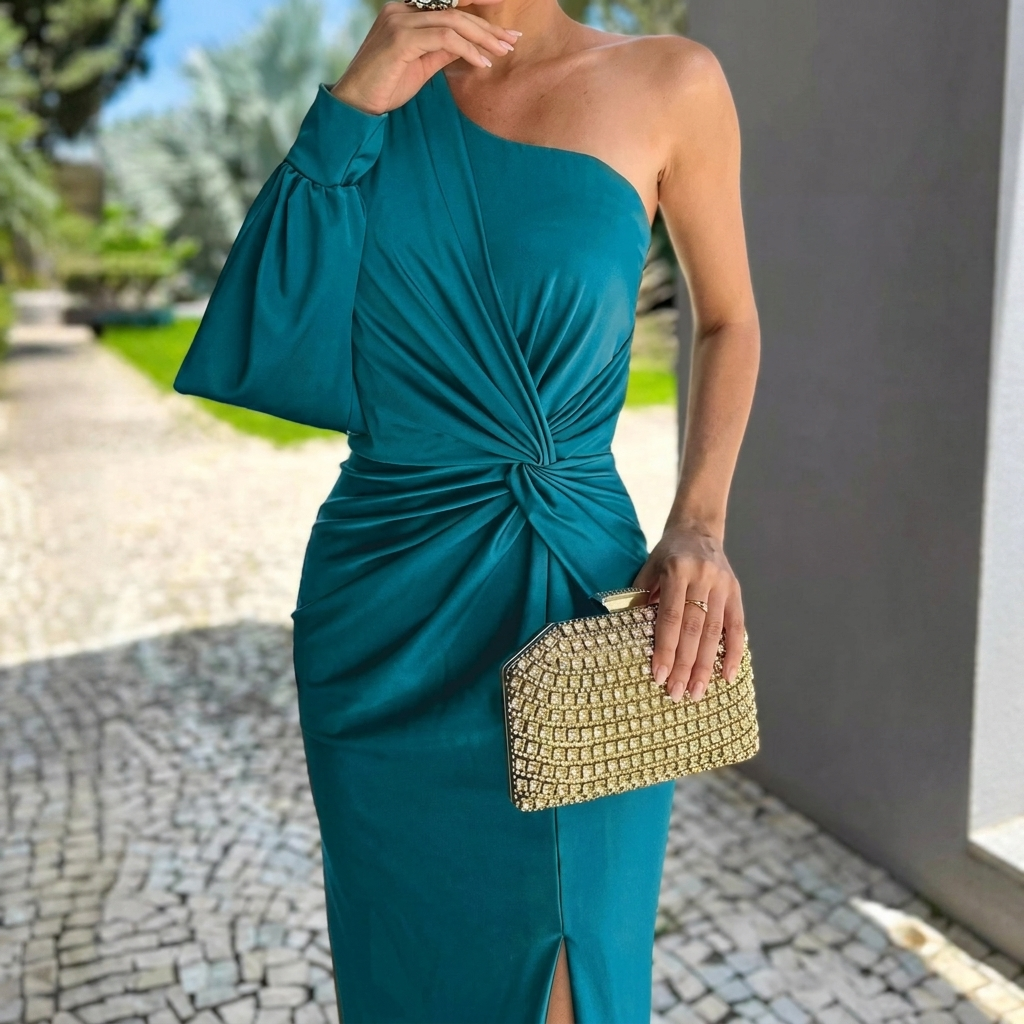 Ladies' Dress with Diagonal Shoulder Button, Split and Solid Color, Slim Fit