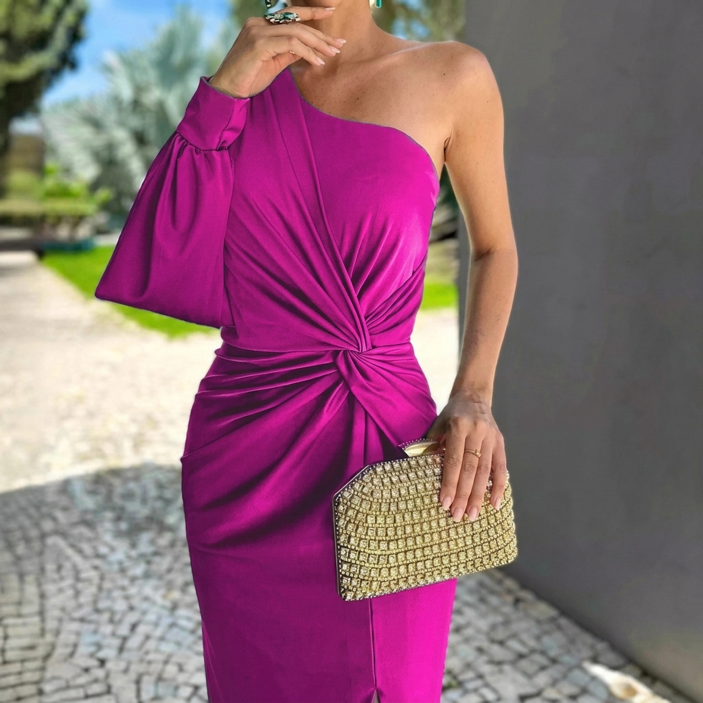 Ladies' Dress with Diagonal Shoulder Button, Split and Solid Color, Slim Fit