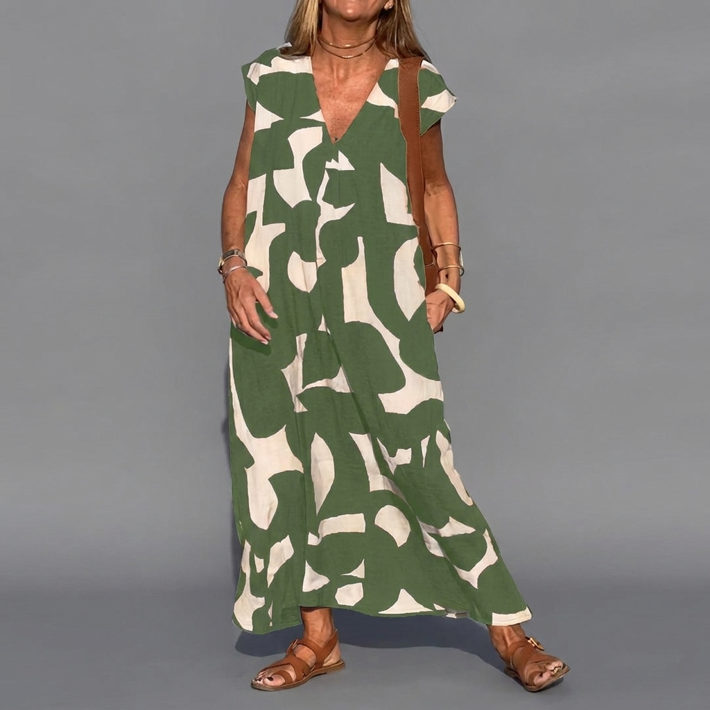 Elegante vestito da donna con scollo a V e vita ampia