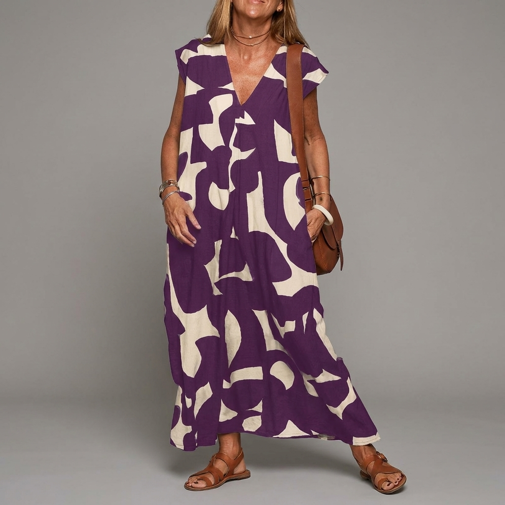 Elegante vestito da donna con scollo a V e vita ampia