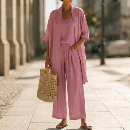Set da donna con cardigan, canotta e pantaloni a gamba dritta