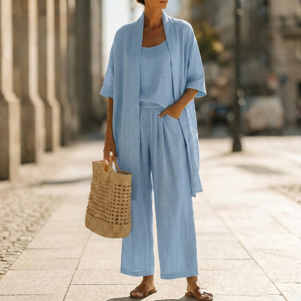 Set da donna con cardigan, canotta e pantaloni a gamba dritta