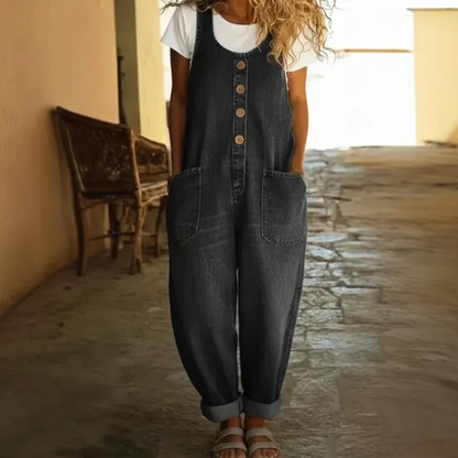 Tuta in denim lavato da donna con coulisse e vestibilità comoda