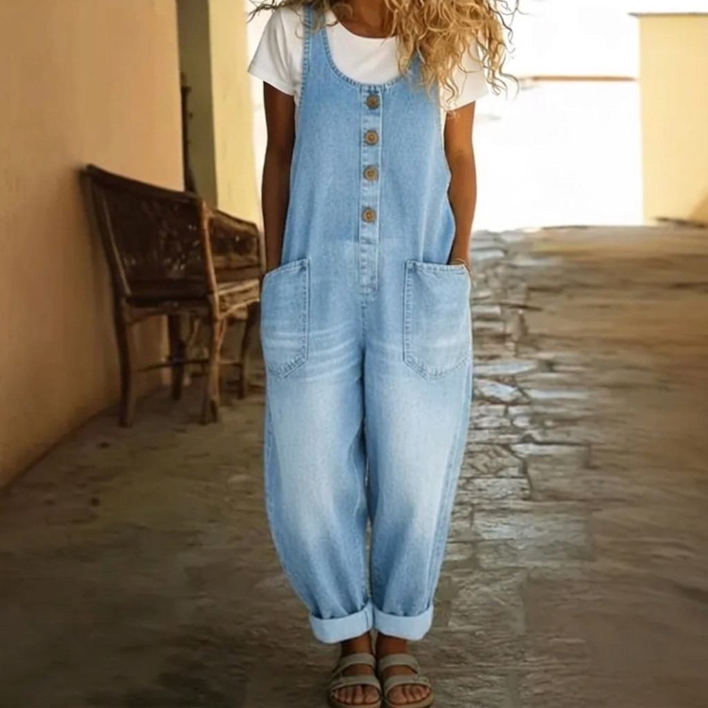 Tuta in denim lavato da donna con coulisse e vestibilità comoda