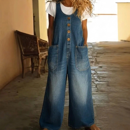 Tuta in denim lavato da donna con coulisse e vestibilità comoda