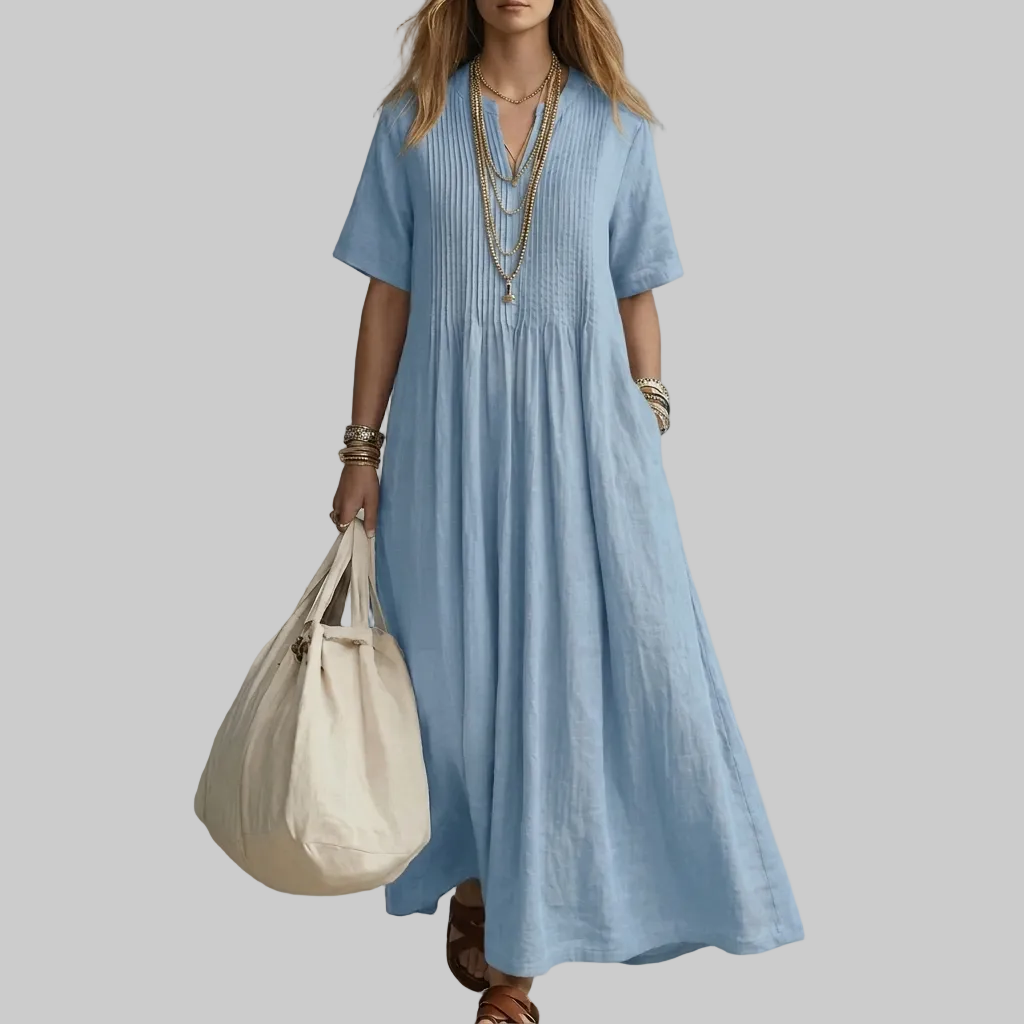 Damenkleid aus Baumwoll-Leinen mit V-Ausschnitt, kurzen Ärmeln und plissiertem Design