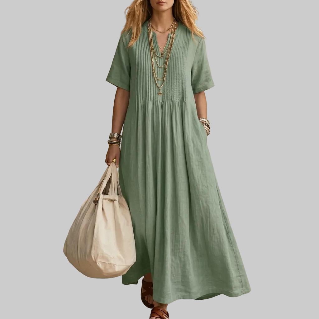 Damenkleid aus Baumwoll-Leinen mit V-Ausschnitt, kurzen Ärmeln und plissiertem Design