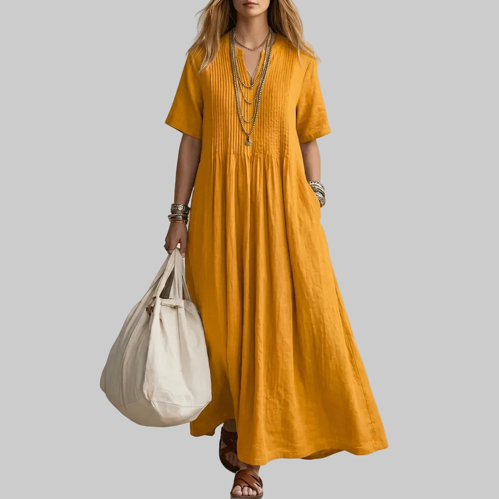 Damenkleid aus Baumwoll-Leinen mit V-Ausschnitt, kurzen Ärmeln und plissiertem Design