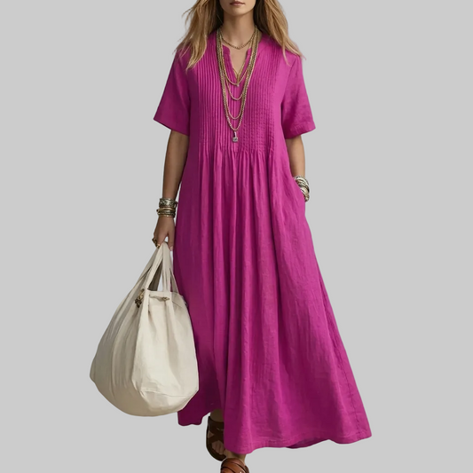 Vestido de algodón y lino para mujer con escote en V, mangas cortas y diseño plisado