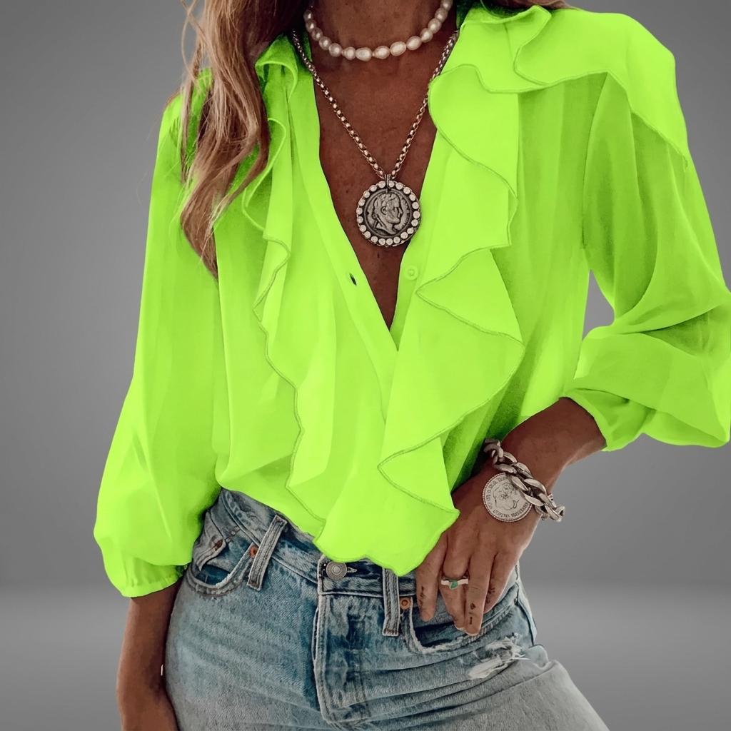 Women's Blouse with Ruffles, V-Neck, and Long Sleeves