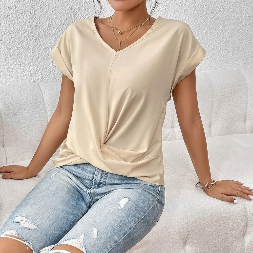 Damen-T-Shirt mit V-Ausschnitt, kurzen Ärmeln und Knoten-Detail vorne