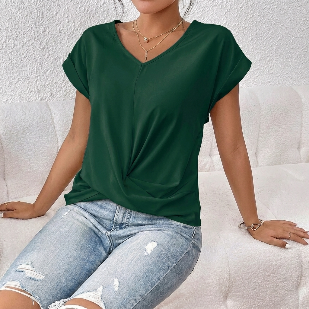 Damen-T-Shirt mit V-Ausschnitt, kurzen Ärmeln und Knoten-Detail vorne