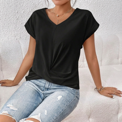 Damen-T-Shirt mit V-Ausschnitt, kurzen Ärmeln und Knoten-Detail vorne