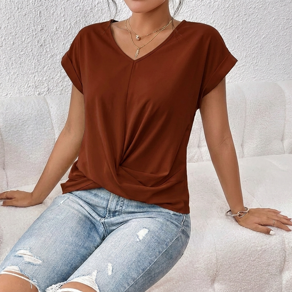 Damen-T-Shirt mit V-Ausschnitt, kurzen Ärmeln und Knoten-Detail vorne