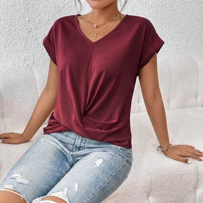 Damen-T-Shirt mit V-Ausschnitt, kurzen Ärmeln und Knoten-Detail vorne