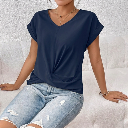 Damen-T-Shirt mit V-Ausschnitt, kurzen Ärmeln und Knoten-Detail vorne