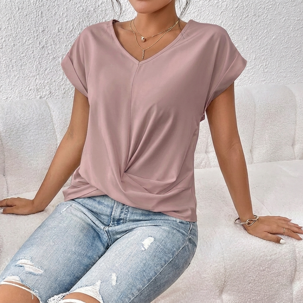 Damen-T-Shirt mit V-Ausschnitt, kurzen Ärmeln und Knoten-Detail vorne