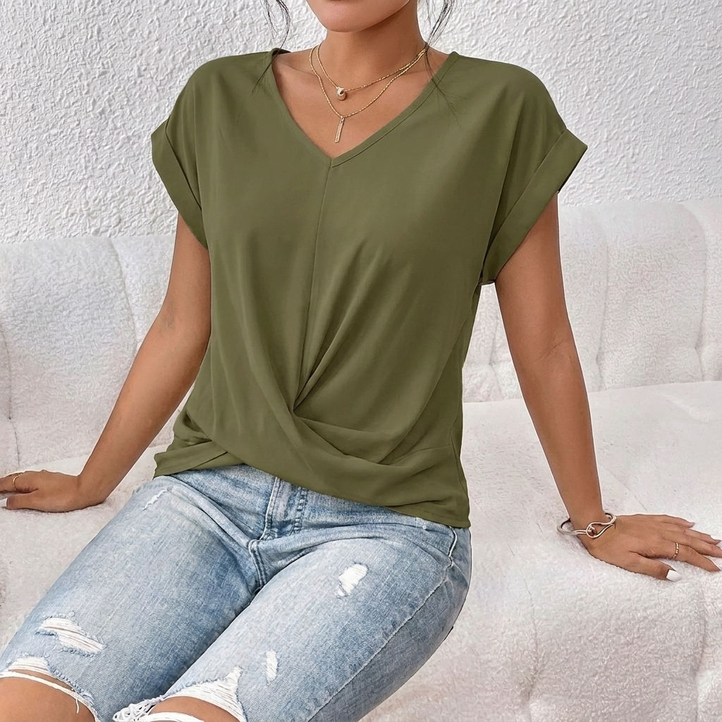Damen-T-Shirt mit V-Ausschnitt, kurzen Ärmeln und Knoten-Detail vorne