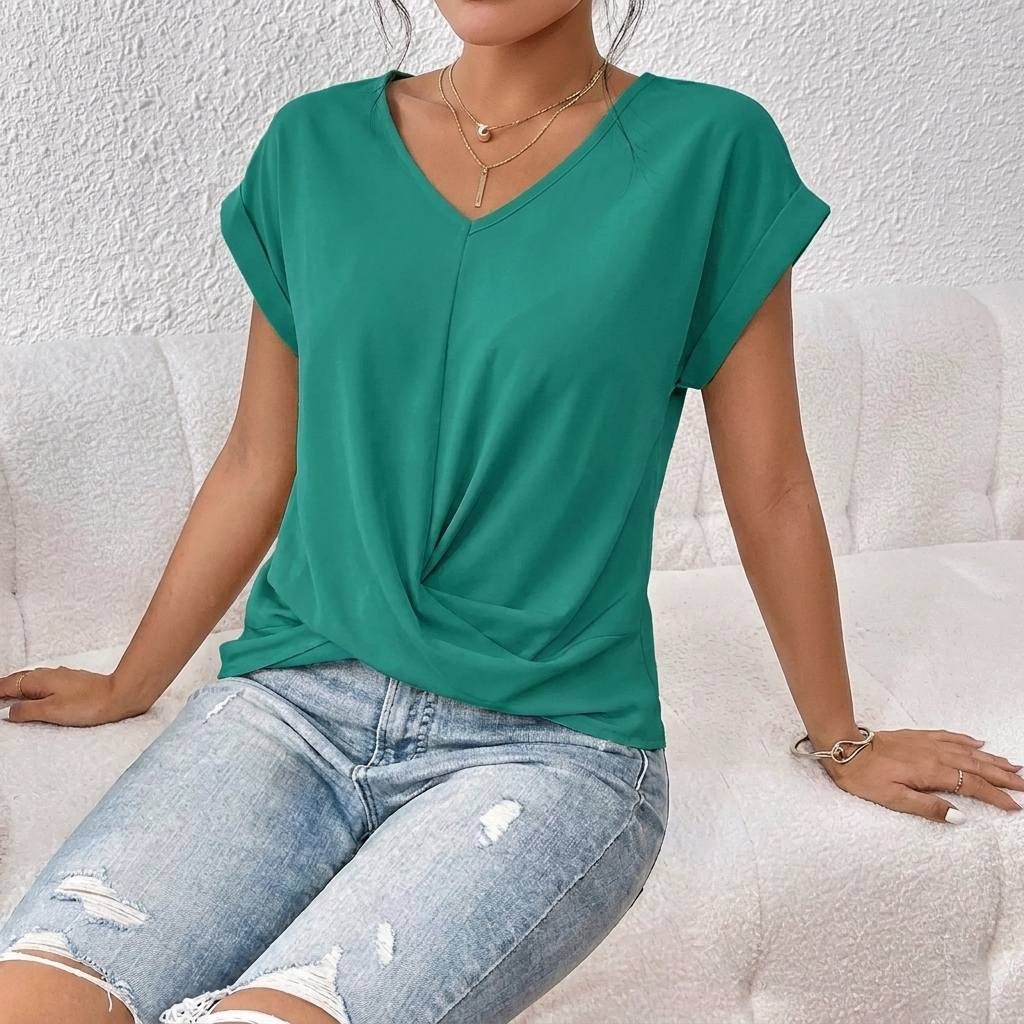 Damen-T-Shirt mit V-Ausschnitt, kurzen Ärmeln und Knoten-Detail vorne