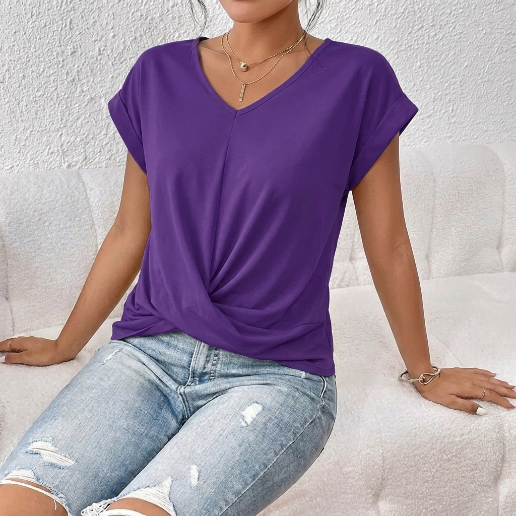 Damen-T-Shirt mit V-Ausschnitt, kurzen Ärmeln und Knoten-Detail vorne
