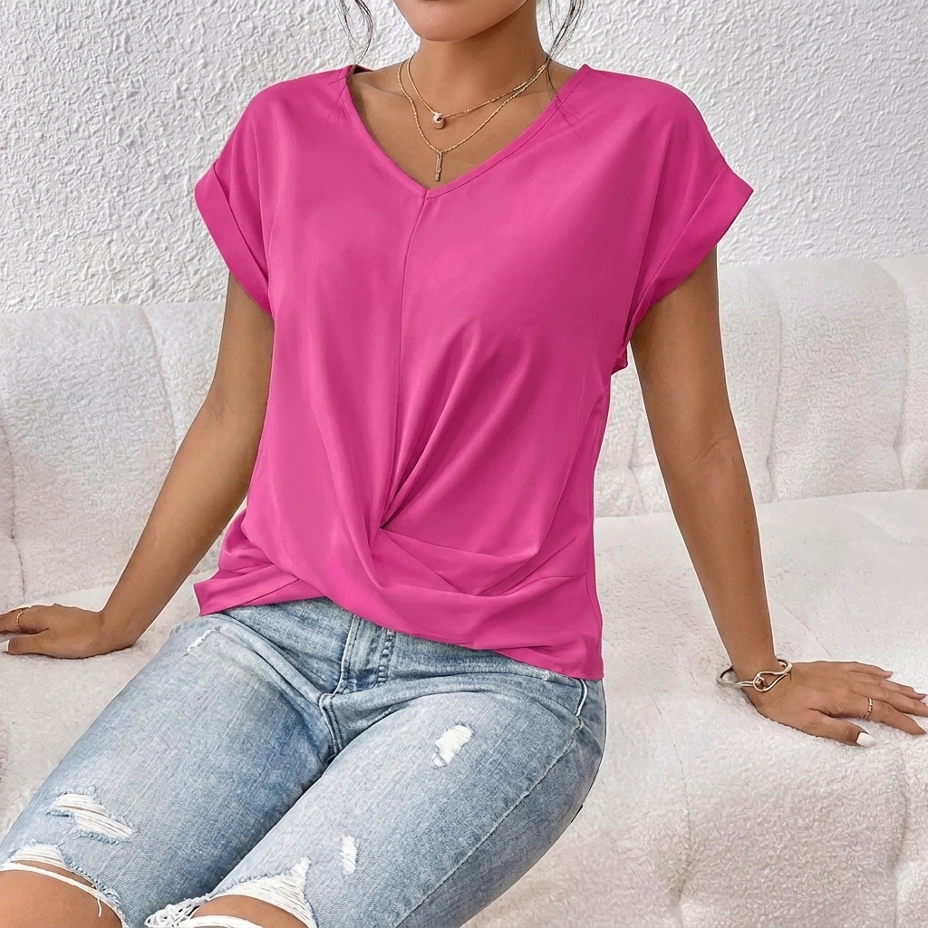 Damen-T-Shirt mit V-Ausschnitt, kurzen Ärmeln und Knoten-Detail vorne