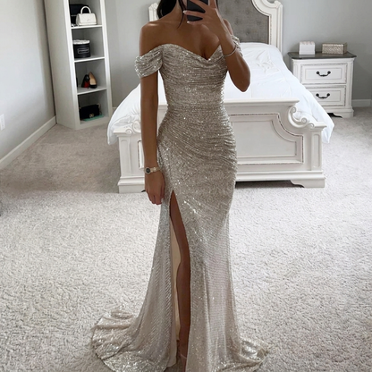 Off-shoulder party dress with split and sequins
