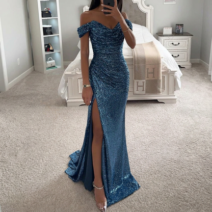 Off-shoulder party dress with split and sequins