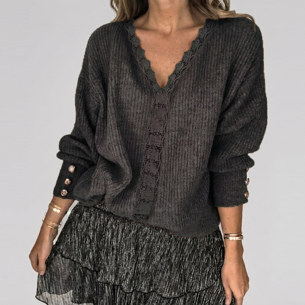 Summer V-Neck Blouse with Openwork Detail