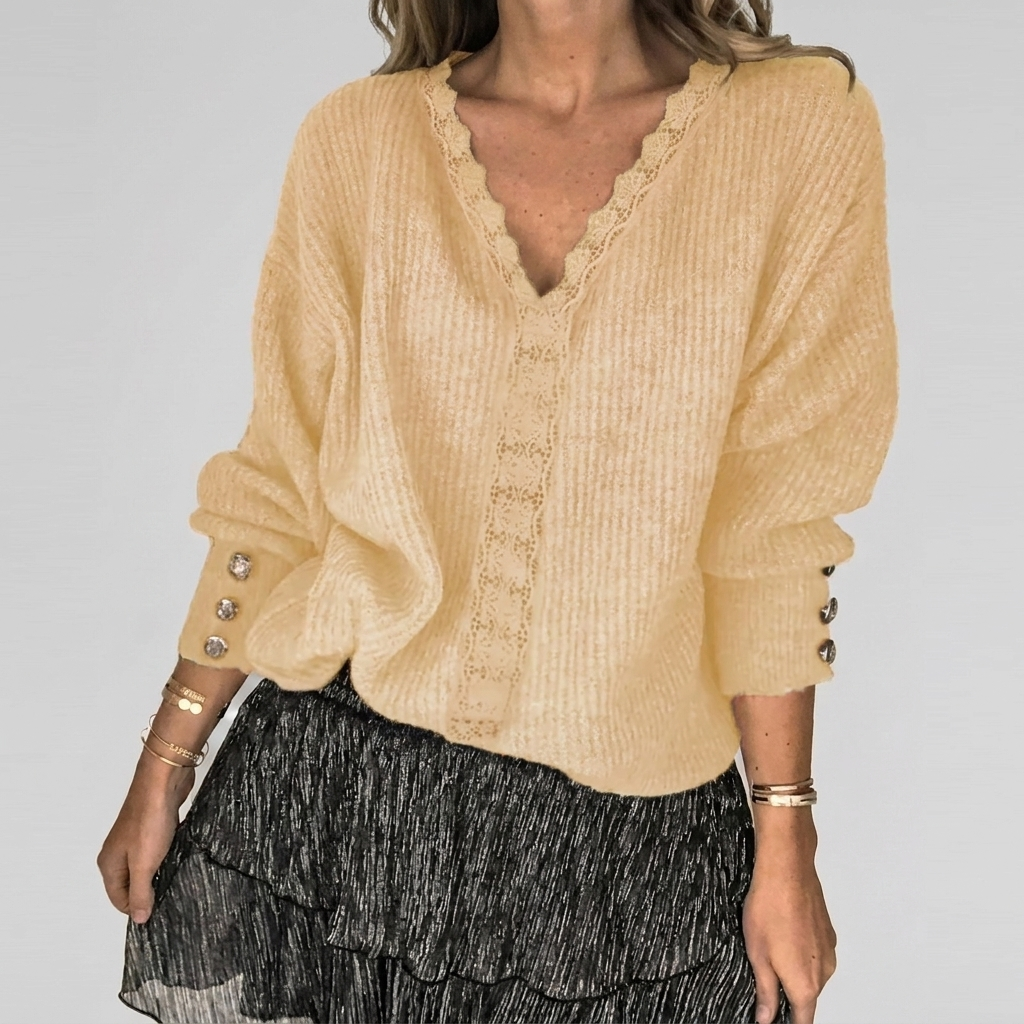 Summer V-Neck Blouse with Openwork Detail