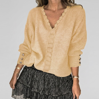Summer V-Neck Blouse with Openwork Detail