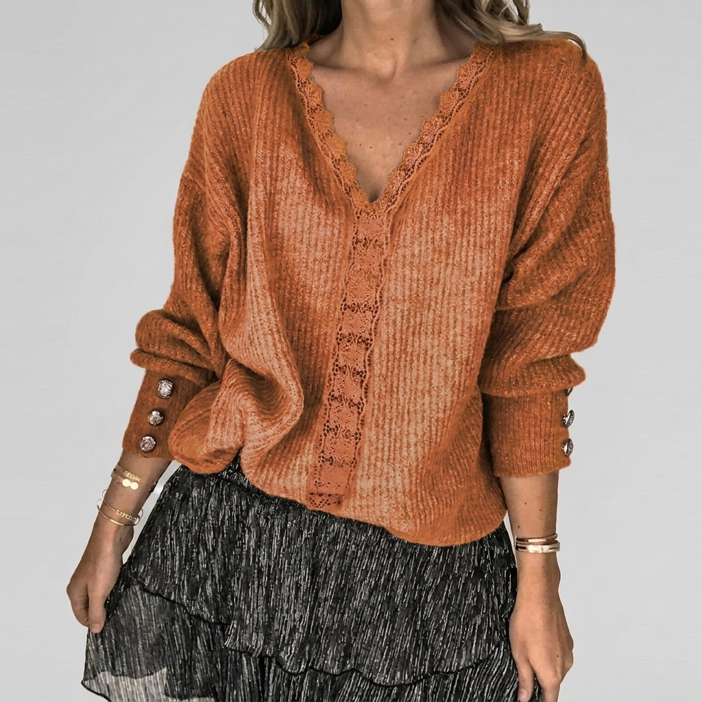 Summer V-Neck Blouse with Openwork Detail