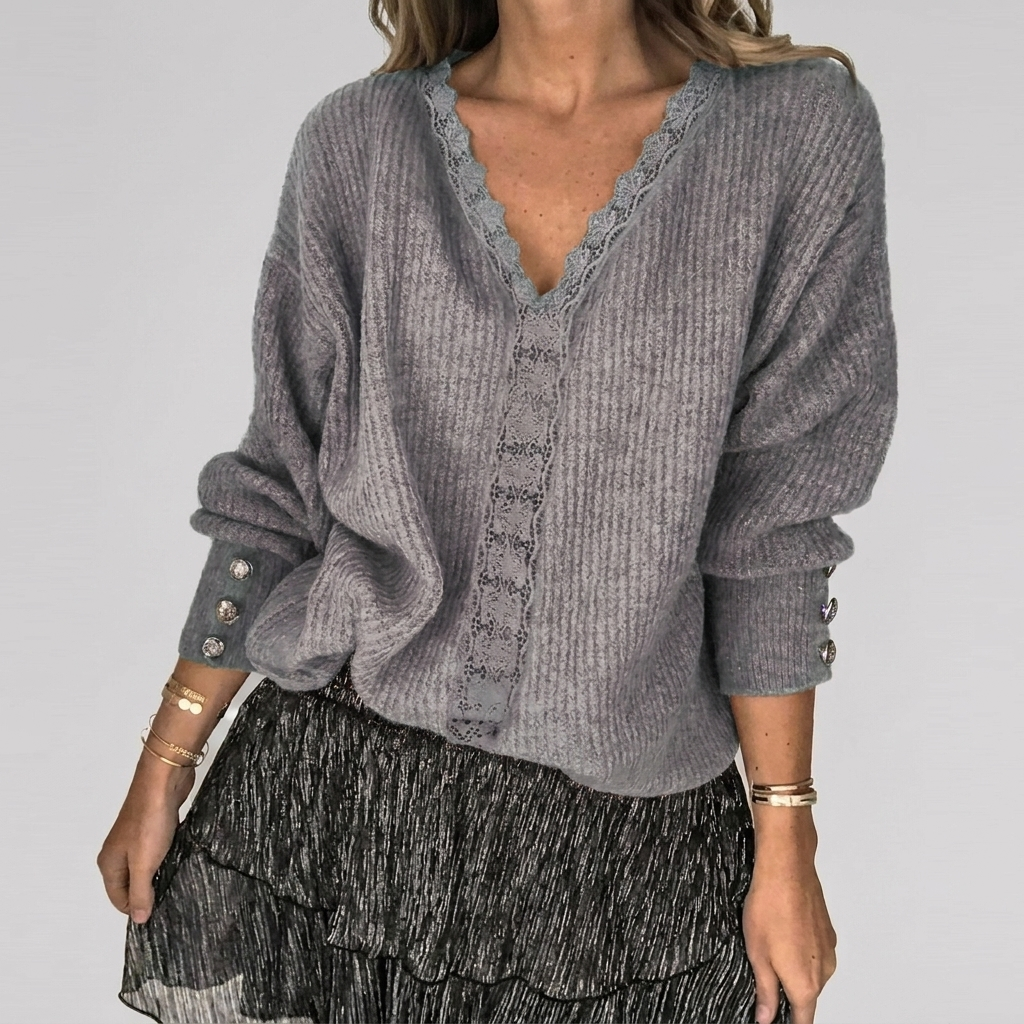 Summer V-Neck Blouse with Openwork Detail