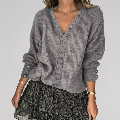 Summer V-Neck Blouse with Openwork Detail