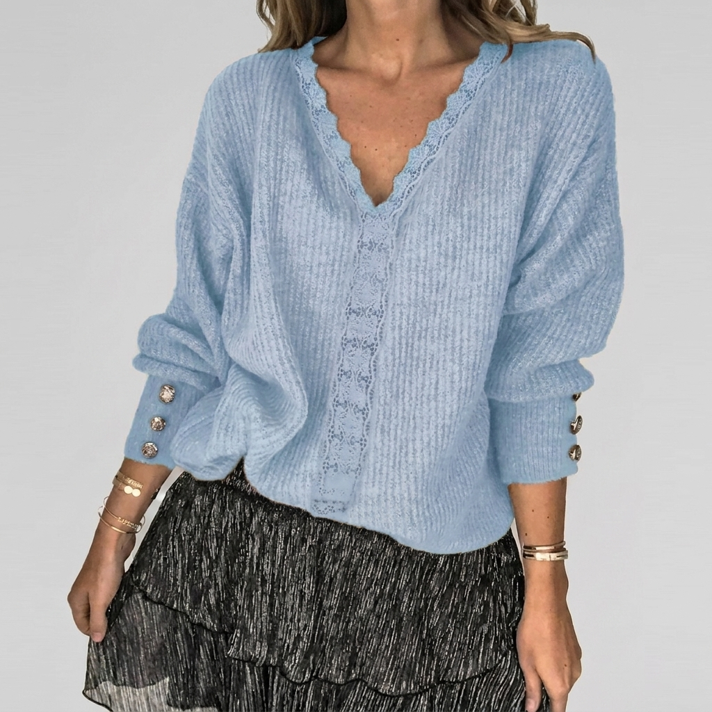 Summer V-Neck Blouse with Openwork Detail