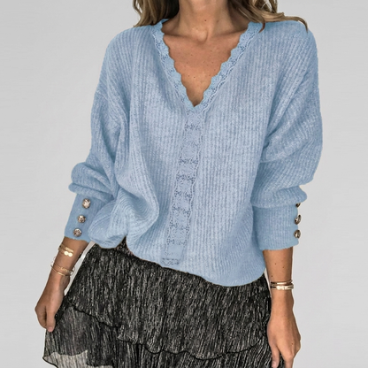 Summer V-Neck Blouse with Openwork Detail