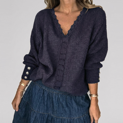 Summer V-Neck Blouse with Openwork Detail