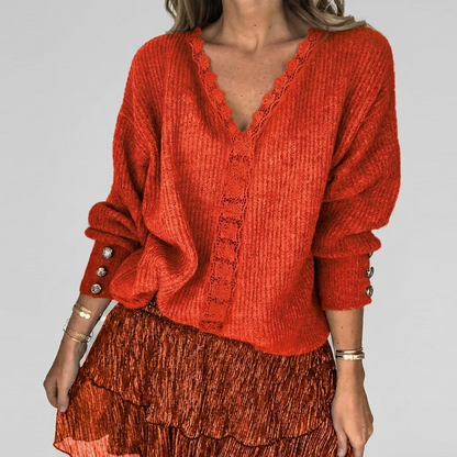 Summer V-Neck Blouse with Openwork Detail