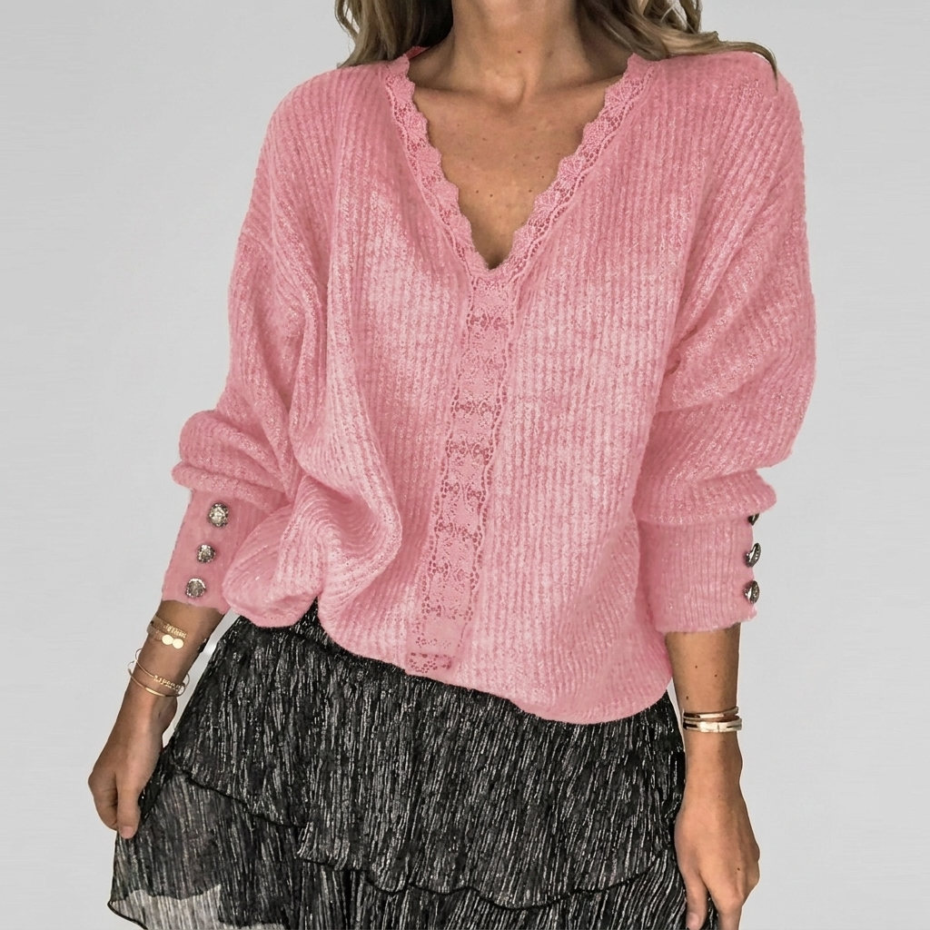 Summer V-Neck Blouse with Openwork Detail