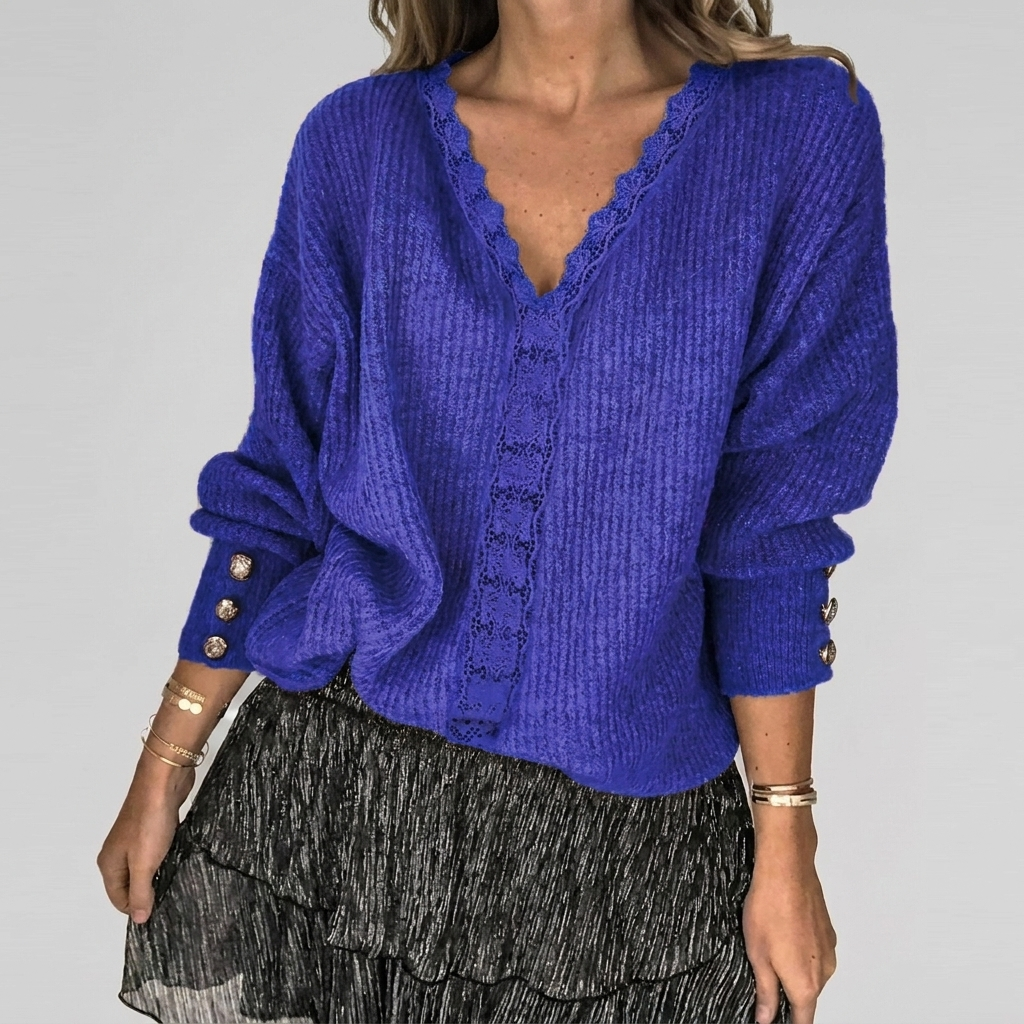 Summer V-Neck Blouse with Openwork Detail