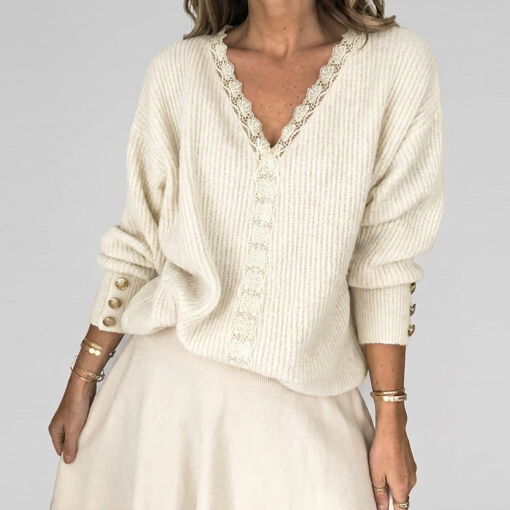 Summer V-Neck Blouse with Openwork Detail