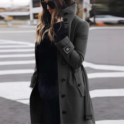 Ladies Classic Long Trench Coat with High Collar and Flap Pockets