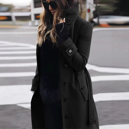 Ladies Classic Long Trench Coat with High Collar and Flap Pockets