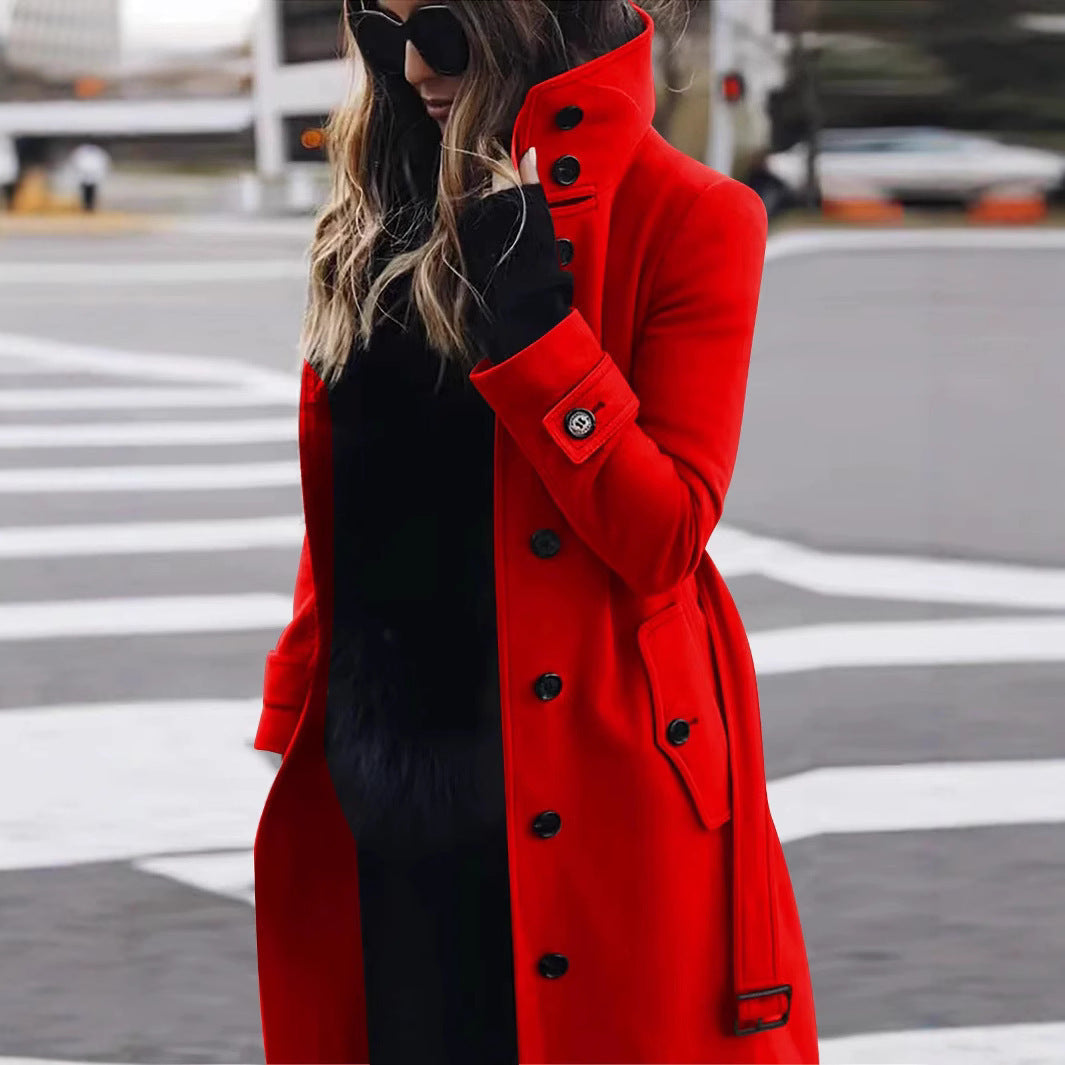 Ladies Classic Long Trench Coat with High Collar and Flap Pockets