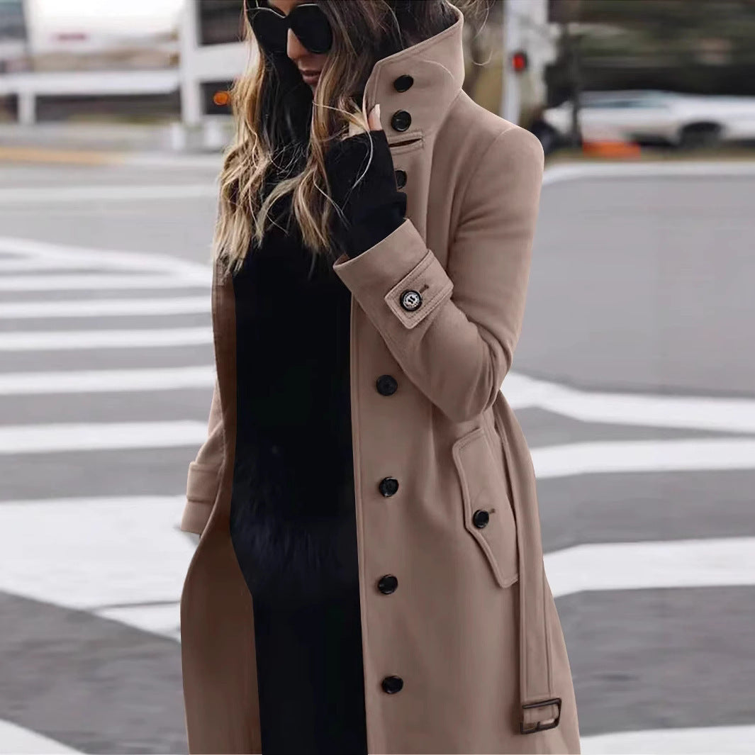 Ladies Classic Long Trench Coat with High Collar and Flap Pockets