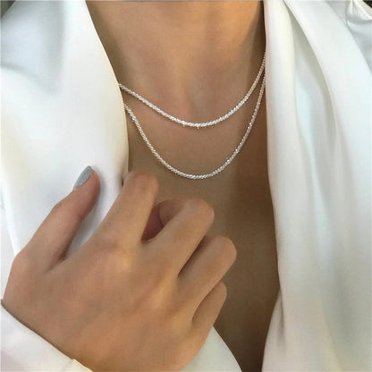 Shiny Double Chain Silver Necklace for Women - Celestial