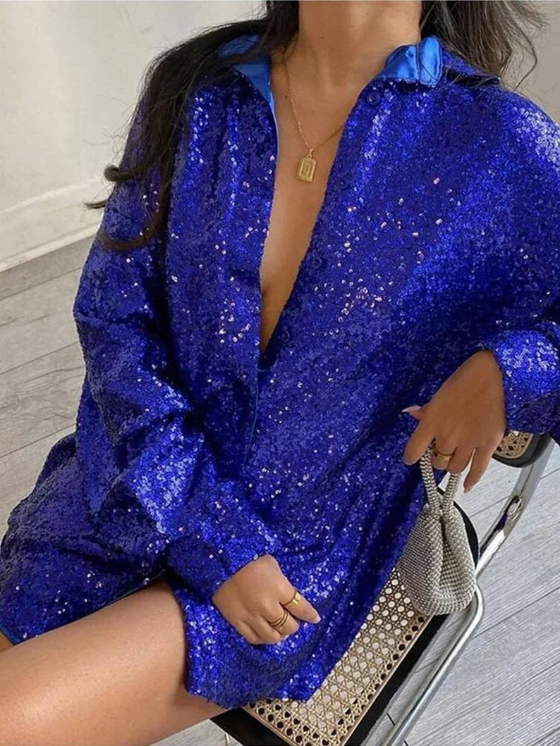 Ladies' Festive Oversized Blouse with Sequins and Collar