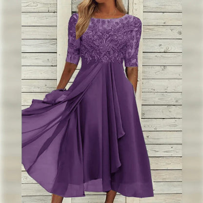 Elegant Midi Dress with Lace Detail and Flowing Skirt for Special Occasions
