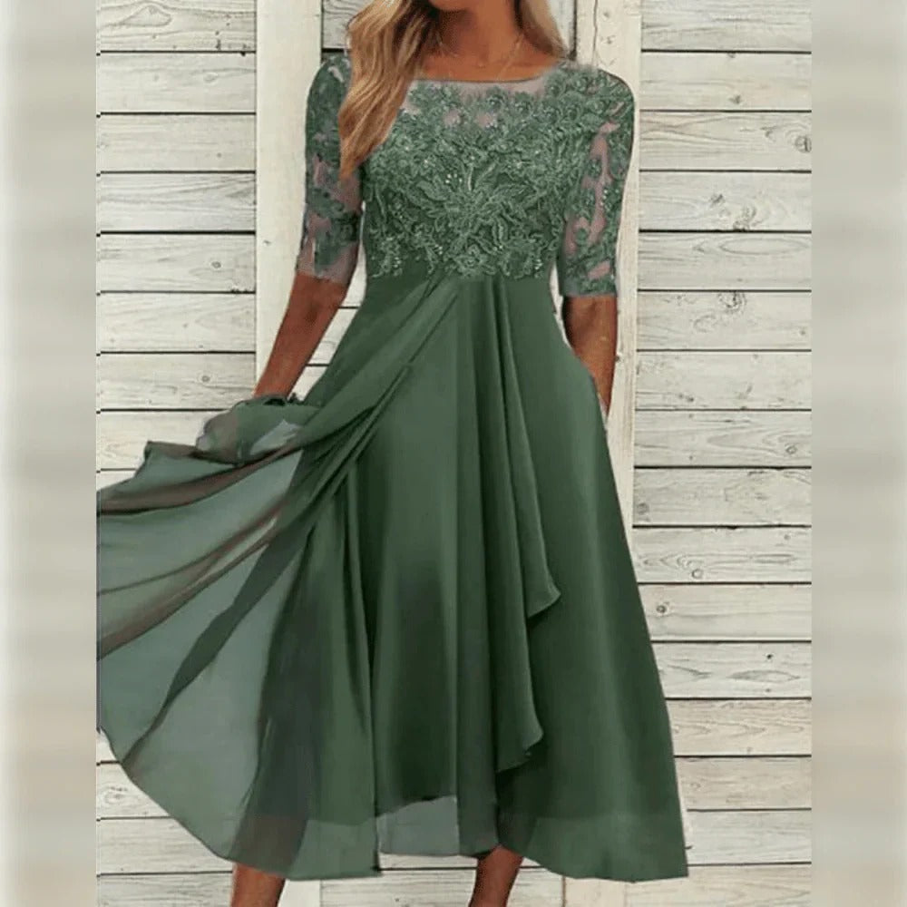 Elegant Midi Dress with Lace Detail and Flowing Skirt for Special Occasions