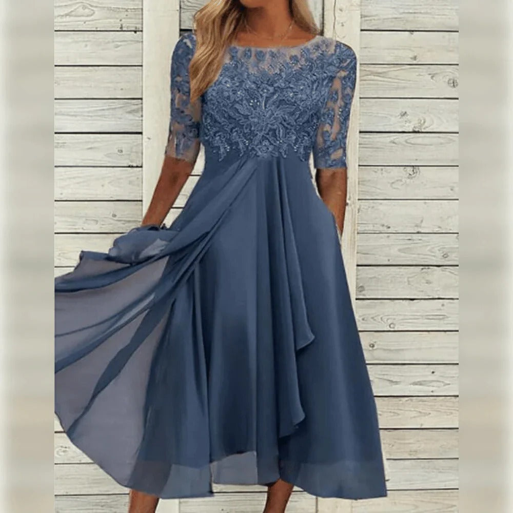 Elegant Midi Dress with Lace Detail and Flowing Skirt for Special Occasions